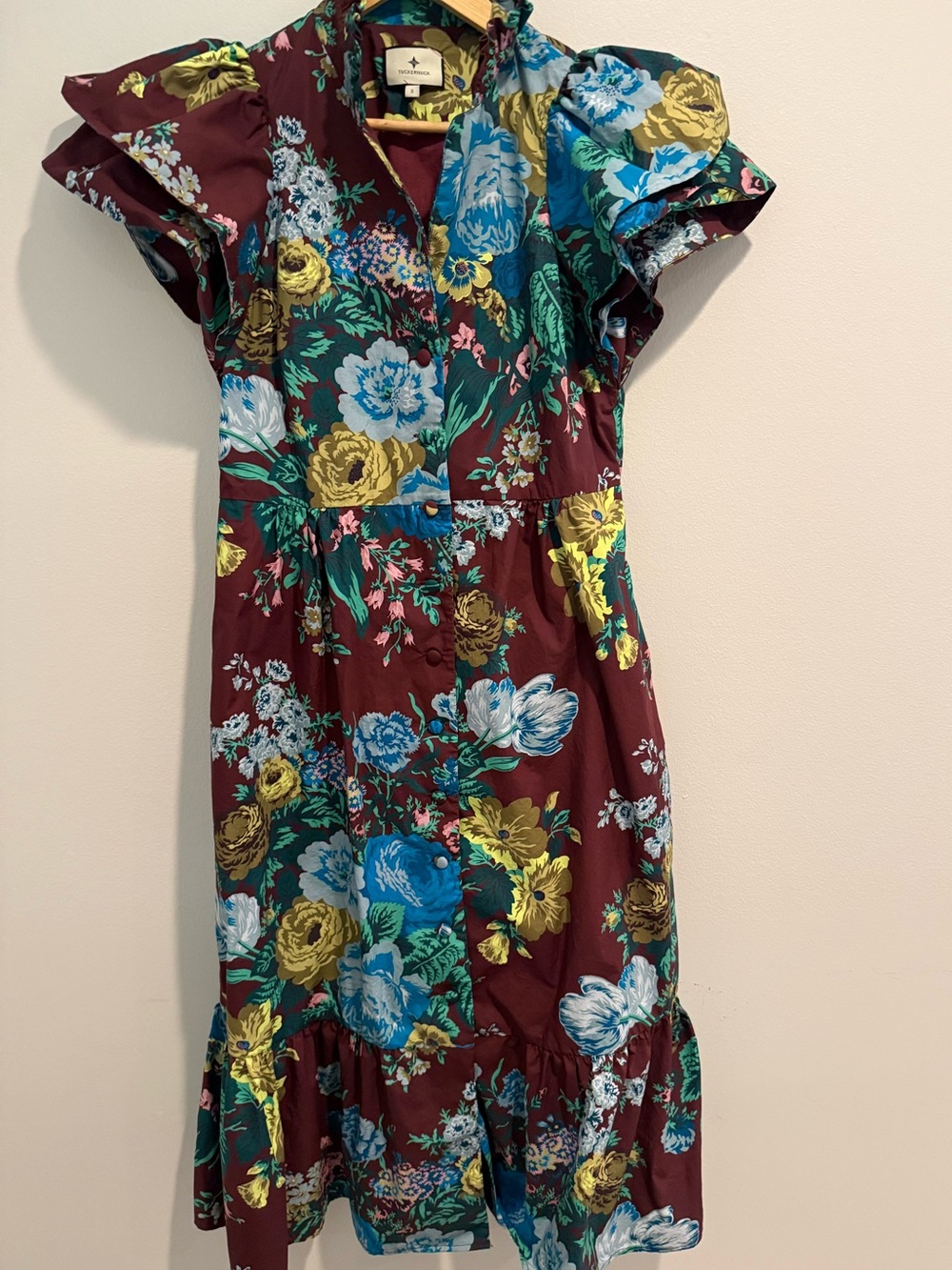 Tuckernuck Oxblood Merlot Floral Cotton Flutter Sleeve Midi Classic Dress Small - Picture 4 of 13
